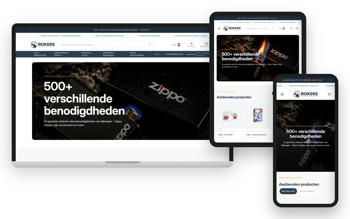 rokersbenodigdheden.com auf Laptop, Tablet und Handy
