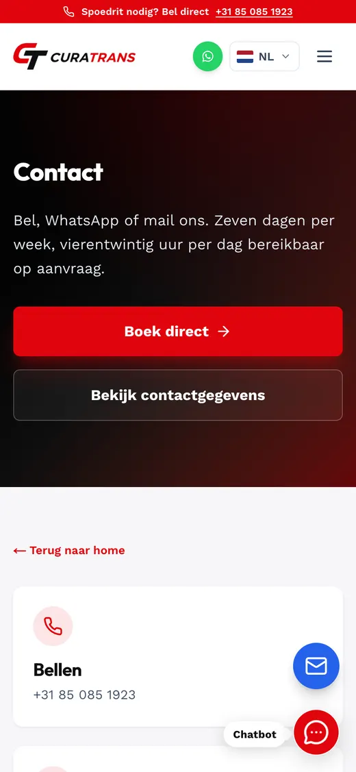 curatrans.nl, Kontaktseite mit Buchungsformular auf dem Handy