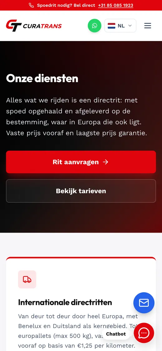 curatrans.nl, Leistungsseite auf dem Handy